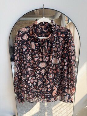 Ann Taylor Black Jaguar and Gems Pattern Neck Tie Blouse, Size L